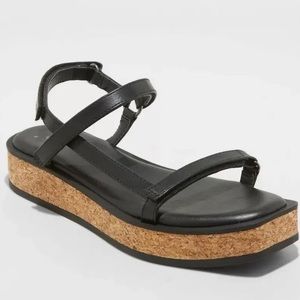Women's Nova Wide Width Sporty Cork Platform Sandals - A New Day Black Size 5